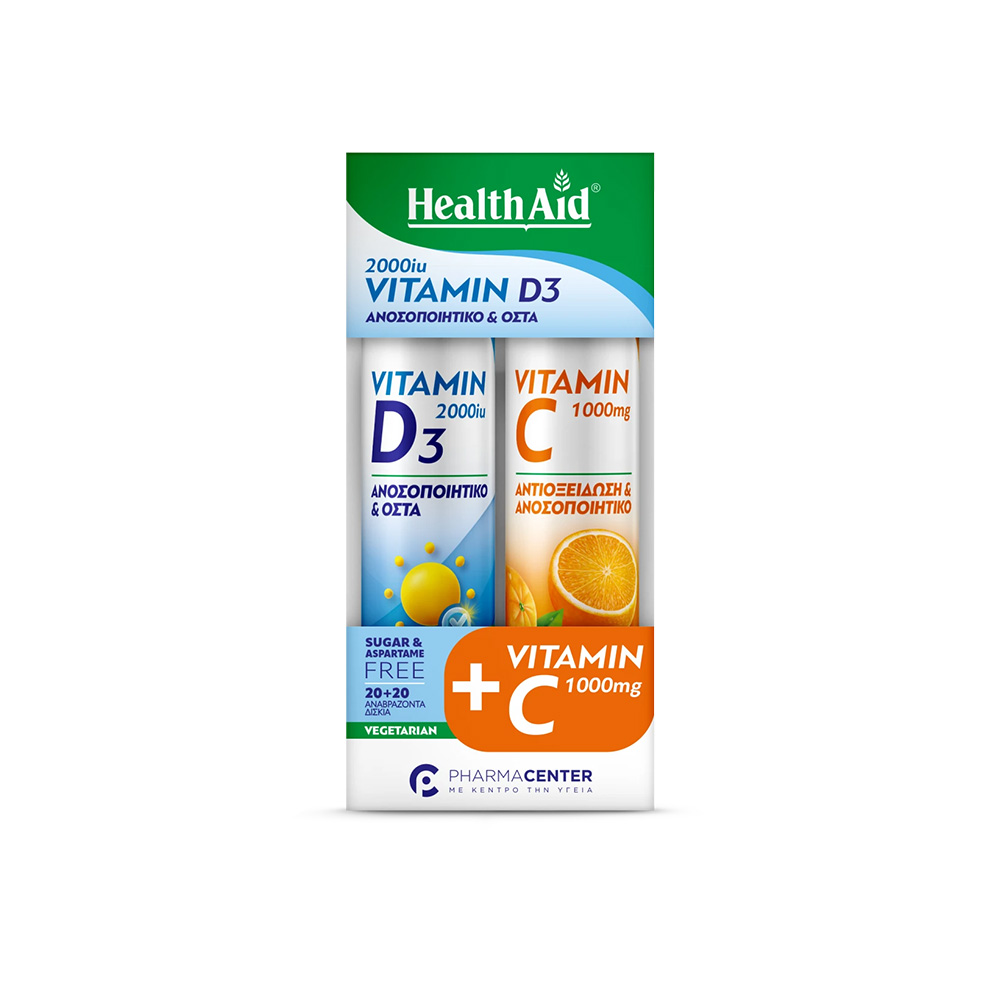 HEALTH AID - PROMO PACK Vitamin D3 2000iu - 20eff.tabs + Vitamin C 1000mg (πoρτoκάλι) - 20eff.tabs